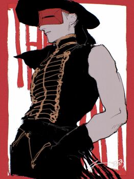 Rule 34 | 1boy, black gloves, black hat, black pants, black shirt, border, closed mouth, dadadadadaist, english text, eye mask, gloves, hat, highres, male focus, mask, masked bandit (the fall), pants, red border, red mask, shirt, signature, sleeveless, sleeveless shirt, solo, the fall