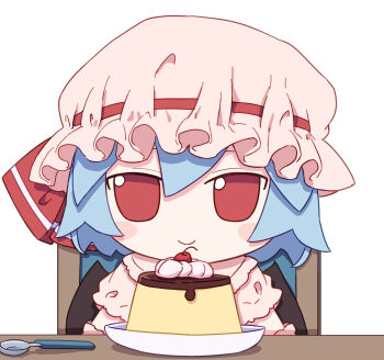 Rule 34 | 1girl, absurdres, bat wings, blue hair, blush stickers, closed mouth, commentary, food, fumo (doll), hat, hat ribbon, highres, kame (kamepan44231), looking at viewer, mob cap, pink hat, pink shirt, plate, pudding, red eyes, red ribbon, remilia scarlet, ribbon, shirt, short hair, short sleeves, simple background, smile, solo, spoon, touhou, white background, wings