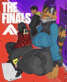 1girl 2boys absurdres augdens_den furry furry_female helmet highres looking_at_viewer multiple_boys sitting sweater tail the_finals tiger wide_hips