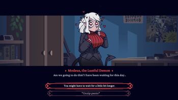 1girl alarm_clock bad_id bad_pixiv_id bag black_horns black_suit black_tail blush book breasts cabinet clock closet commentary demon_girl demon_horns demon_tail dialogue_box english_commentary english_text fake_screenshot formal_clothes gameplay_mechanics heart heart-shaped_pupils helltaker highres horns indoors krekkov large_breasts looking_at_viewer medium_hair modeus_(helltaker) official_style poster_(object) red_sweater ribbed_sweater solo suit sweater sword symbol-shaped_pupils tail visual_novel weapon white_hair