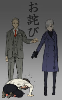 Rule 34 | 1girl, 2boys, absurdres, afro, apologizing, black footwear, black gloves, black pants, black pantyhose, black shirt, blonde hair, blue coat, boots, brown footwear, brown hair, buttons, closed mouth, coat, collared shirt, commentary, d:, dogeza, endou tatsuya, fiona frost, flying sweatdrops, formal clothes, franky franklin, frown, full body, furrowed brow, glasses, gloves, gradient background, green pants, green suit, green vest, grey background, gun, hair over one eye, handgun, hands on ground, highres, holding, holding gun, holding weapon, jitome, kneeling, long sleeves, looking at another, looking down, looking to the side, medium hair, messy hair, multiple boys, necktie, official art, opaque glasses, open mouth, pants, pantyhose, pocket tissue, pointing, pointing at another, aiming, reaching, red-framed eyewear, red necktie, reflection, shirt, shoes, short hair, sideways glance, simple background, sketch, socks, sorry, spy x family, standing, striped clothes, striped socks, suit, translation request, turtleneck, twilight (spy x family), vest, weapon, white hair, white shirt