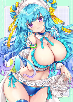 1girl angelic_link apron apron_lift areola_slip beelzebub_(angelic_link) bikini blue_bikini blue_choker blue_hair border breasts cameltoe choker cleavage closed_mouth clothes_lift collarbone commentary_request frilled_bikini frills gradient_hair green_border grey_background grid_background head_tilt highres hinata_momo large_breasts lifting_own_clothes long_hair looking_at_viewer multicolored_hair purple_eyes side-tie_bikini_bottom smile solo swimsuit very_long_hair watermark white_apron