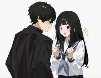 1boy 1girl black_jacket black_sailor_collar chitanda_eru gakuran grey_neckerchief highres hyouka jacket kamiyama_high_school_uniform_(hyouka) neckerchief oreki_houtarou sailor_collar sailor_shirt school_uniform serafuku shirt simple_background sparkle white_background white_shirt yuuhi_mari