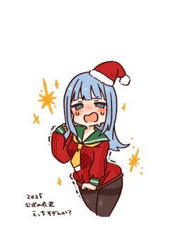 1girl black_pantyhose blue_eyes blue_hair blunt_bangs clothes_tug commentary dress embarrassed flipped_hair green_sailor_collar hat hatsukaze_(christmas)_(kancolle) hatsukaze_(kancolle) kantai_collection long_hair long_sleeves looking_at_viewer makotonichimei neckerchief official_alternate_costume pantyhose red_dress sailor_collar sailor_dress santa_hat simple_background solo sparkle sweater sweater_tug symbol-only_commentary thighband_pantyhose wavy_mouth white_background yellow_neckerchief