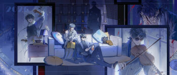 2026 2boys absurdres blood blood_on_face blue_hair braid closed_mouth couch e9724 glasses highres holding holding_instrument indoors instrument jacket long_hair long_sleeves looking_at_another looking_at_object male_focus multiple_boys multiple_views music night on_couch original pants pillow playing_instrument sitting violin