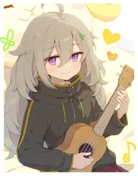 1girl ahoge brown_hair closed_mouth cohiyuri green_hair_ornament hair_ornament hibi_wa_sugiredo_meshi_umashi higa_tsutsuji high_collar highres holding holding_instrument holding_ukulele hood hooded_jacket instrument jacket looking_at_viewer purple_eyes smile solo stuffed_animal stuffed_sheep stuffed_toy triangle_hair_ornament ukulele zipper