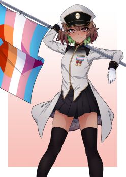 1girl absurdres artist_self-insert black_skirt black_thighhighs brown_hair colored_inner_hair dark-skinned_female dark_skin flag gloves green_hair hat highres holding holding_flag lesbian_flag lgbt_pride looking_at_viewer medium_hair megumo multicolored_hair original pleated_skirt skirt smile thighhighs transgender_flag white_gloves white_hat
