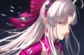 1girl 8k_u aqua_eyes bow carlotta_(wuthering_waves) commentary_request earrings grey_hair hair_bow hairband highres jacket jewelry long_hair looking_at_viewer pink_bow pink_hairband pink_jacket portrait solo striped_bow wuthering_waves