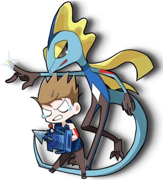 1boy 1other angry bad_id bad_twitter_id black_sclera blank_eyes blood blue_hoodie brown_hair checkered_shoes chibi clenched_teeth color_connection colored_sclera commentary crossover crying drop_shadow eddsworld english_commentary furry gen_8_pokemon grey_pants harpoon highres hood hoodie injury inteleon male_focus nintendo pants pointing pokemon pokemon_(creature) scene_reference simple_background spiked_hair tears teeth teru_(teru_0705m) tom_(eddsworld) torn_clothes torn_hoodie white_background