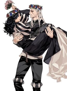 1boy 1girl black_dress black_hair black_jacket black_pants black_shirt bouquet carrying darkyu-yj dress flower flower_wreath geralt_of_rivia head_wreath highres holding holding_bouquet jacket long_hair pants pink_flower princess_carry purple_eyes scar scar_across_eye scar_on_face shirt simple_background striped_clothes striped_shirt the_witcher_(series) the_witcher_3 two-tone_shirt white_background white_hair white_shirt yennefer_of_vengerberg