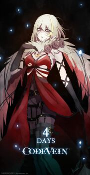 1girl asymmetrical_clothes belt black_legwear breasts code_vein eva_roux flower fur_collar grey_eyes highres kurumi_kobayashi large_breasts looking_at_viewer multicolored_hair official_art open_mouth parted_lips platinum_blonde_hair scar simple_background tagme