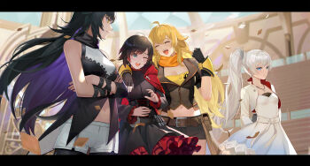 4girls :d ;d arms_behind_back belt belt_buckle black_border black_dress black_gloves black_hair black_pantyhose black_shorts blake_belladonna blonde_hair blue_dress blue_eyes blush border breasts brown_belt buckle cleavage closed_eyes closed_mouth collarbone colored_inner_hair cowboy_shot crossed_arms day dress fingerless_gloves floating_hair frilled_sleeves frills gloves gradient_clothes gradient_dress gradient_hair grey_eyes highres jewelry large_breasts layered_dress letterboxed long_hair long_sleeves medium_breasts midriff multicolored_hair multiple_girls navel one_eye_closed open_mouth orange_scarf outdoors pantyhose pantyhose_under_shorts pendant purple_hair red_hair ruby_rose rwby scarf short_dress short_hair short_shorts shorts shrug_(clothing) side_ponytail small_breasts smile standing stomach thigh_gap two-tone_hair underbust very_long_hair wang_xiao_jun weiss_schnee white_dress white_hair white_shorts yang_xiao_long yellow_eyes