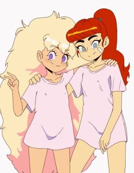 2girls animated arevix123 bandaid clothes_lift english_text flashing loli long_hair looking_at_viewer multiple_girls nude one-piece_tan original ponytail pussy shirt shirt_lift smile standing tagme tan tanline very_long_hair video