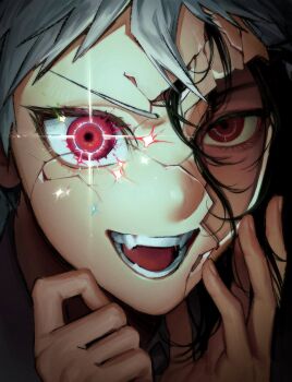 Rule 34 | 1boy, :d, absurdres, black hair, cracked kawaii mask, danganronpa (series), danganronpa 2: goodbye despair, fangs, glowing, glowing eyes, hair between eyes, hands up, highres, hinata hajime, hinata hajime (awakened), kamukura izuru, kwang 176, open mouth, portrait, red eyes, short hair, smile, solo, spiked hair, teeth, tongue, white hair