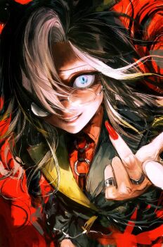 1girl animal_ears blue_eyes brown_hair commentary dream_journey_(reminder_of_dreamland)_(umamusume) dream_journey_(umamusume) eyelashes fingernails glasses grin hair_over_one_eye highres horse_ears horse_girl jewelry lapels long_fingernails looking_at_viewer nail_polish red_background red_nails rimless_eyewear ring seapall smile solo umamusume upper_body white_hair