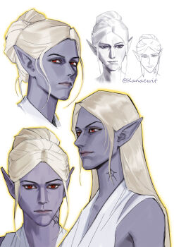 Rule 34 | 1girl, absurdres, baldur's gate, baldur's gate 3, bare shoulders, blonde hair, colored skin, cropped head, dark elf, dungeons & dragons, elf, hair bun, hair down, highres, kanaewit, long hair, looking at viewer, minthara, multiple views, neck tattoo, outline, pointy ears, portrait, purple skin, red eyes, short hair, simple background, single hair bun, tattoo, twitter username, white background, yellow outline