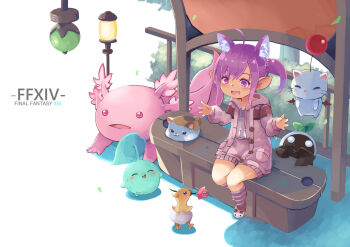 1girl ahoge animal_ear_fluff animal_ears animal_slippers araragimura_udonya axolotl baby_animal bird blush blush_stickers bush cat_ears cat_slippers chick chocobo copyright_name fake_animal_ears fat_cat_(ff14) final_fantasy final_fantasy_xiv flat_chest flower flower_in_mouth full_body highres holding holding_flower hood hoodie korpokkur_(final_fantasy) lalafell lamppost long_bangs mandragora_(final_fantasy) moogle on_bench open_mouth pink_eyes pink_hair pink_hoodie pink_shirt pink_shorts pink_socks pointy_ears shirt shorts side_ponytail simple_background sitting slippers smile socks solo striped_clothes striped_socks tree warrior_of_light_(ff14) white_background