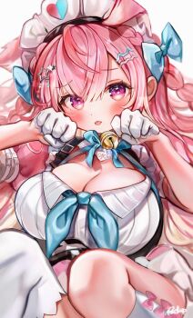 1girl animal_ears arm_belt bell blue_bow blue_ribbon blush bow braid breasts cat_ears cat_girl cat_hair_ornament dress extra_ears hair_bow hair_ornament hairclip highres huge_breasts indie_virtual_youtuber jingle_bell long_hair looking_at_viewer maid maid_headdress neck_bell neck_ribbon pink_bow pink_dress pink_eyes pink_hair rachip ribbon shirt short_sleeves simple_background single_braid single_ear_down single_thighhigh socks solo star_(symbol) star_hair_ornament suspenders thighhighs thighs tongue two_side_up virtual_youtuber white_background white_shirt white_socks white_thighhighs yuuki_sakuna yuuki_sakuna_(3rd_costume)