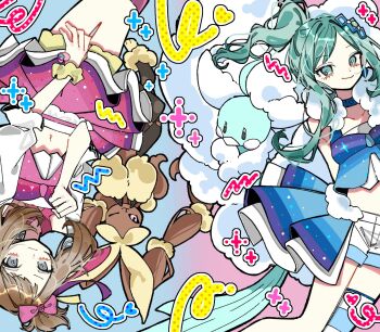 2girls altaria arm_warmers bow brown_hair choker commentary_request eyelashes gen_3_pokemon gen_4_pokemon green_eyes green_hair hair_bow hair_ornament highres idol ino_climate lisia_(pokemon) lopunny may_(contest)_(pokemon) mega_altaria mega_lopunny mega_pokemon multiple_girls nintendo overskirt pink_bow pink_skirt pokemon pokemon_oras ribbon shirt shorts single_thighhigh skirt smile thighhighs