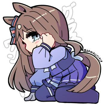 1girl blue_eyes blush_stickers brown_hair chibi closed_mouth full_body grass_wonder_(umamusume) hand_up highres horse_girl kawamochi_(kawauti919) long_hair long_sleeves looking_at_viewer no_shoes pleated_skirt puffy_long_sleeves puffy_sleeves purple_shirt purple_skirt purple_thighhighs school_uniform shirt simple_background skirt smile solo text_background thighhighs tracen_school_uniform translation_request twitter_username umamusume very_long_hair white_background