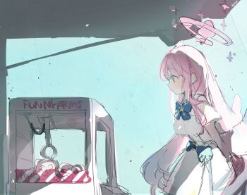 1girl arms_behind_back artist_name blue_archive blue_bow blue_bowtie bow bowtie breasts capelet commentary_request crane_game dress english_text feathered_wings hair_between_eyes halo highres kamono long_hair long_sidelocks looking_at_object low_wings medium_breasts mika_(blue_archive) pink_hair pink_halo short_sleeves sidelocks solo sparkle white_capelet white_dress white_wings wings yellow_eyes