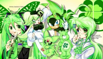 1boy 2000s_(style) 4girls alternate_color artist_request bug butterfly care_bears character_request clover colored_sclera drugs espeon four-leaf_clover gen_2_pokemon good_luck_bear green_theme hatsune_miku insect italian_text macne_nana macne_series marijuana meme multiple_girls nintendo non-web_source pokemon pokemon_(creature) red_sclera shiny_pokemon shirt smoking sonic_(series) surge_the_tenrec vocaloid weedku_(meme) white_shirt yellow_background
