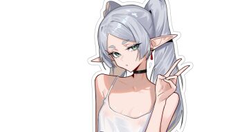 1girl bare_shoulders breasts collarbone elf frieren inhoso looking_at_viewer pointy_ears simple_background small_breasts solo sousou_no_frieren twintails upper_body white_background white_hair