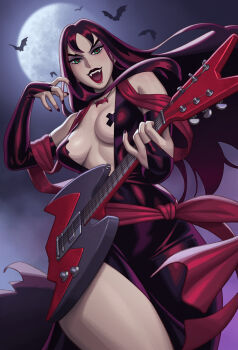 1girl absurdres bat_(animal) bat_necklace black_nails breasts breasts_apart commentary cowboy_shot dress english_commentary floating_hair full_moon guitar highres holding holding_guitar holding_instrument instrument long_hair looking_at_viewer medium_breasts mole mole_above_mouth mole_on_breast moon nail_polish night night_sky open_mouth outdoors parted_bangs pasties red_lips red_pupils riz scooby-doo scooby-doo_and_the_witch&#039;s_ghost sky sleeveless sleeveless_dress solo teeth thighs thorn_(scooby-doo) upper_teeth_only v-shaped_eyebrows