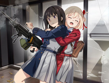 2girls angry backpack bag belt black_hair blonde_hair blue_belt blue_dress blush bob_cut broken_window bullet clenched_teeth closed_eyes dress feet_out_of_frame finger_on_trigger grey_dress gun hair_ribbon holding holding_gun holding_weapon indoors inoue_takina light_machine_gun long_hair long_sleeves lycoris_recoil lycoris_uniform m249_saw machine_gun multiple_girls nishikigi_chisato nyoro_(nyoronyoro000) one_side_up open_mouth pleated_dress purple_eyes red_belt red_dress red_ribbon ribbon shade shell_casing short_hair smoke smoking_barrel standing teeth two-tone_dress v-shaped_eyebrows weapon