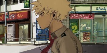 Rule 34 | 1boy, bakugou katsuki, blonde hair, bn 56s, boku no hero academia, collared shirt, earbuds, earphones, from side, highres, male focus, necktie, outdoors, power lines, railing, red eyes, red necktie, shirt, short hair, solo, spiked hair, twitter username, upper body, utility pole, white shirt, wing collar