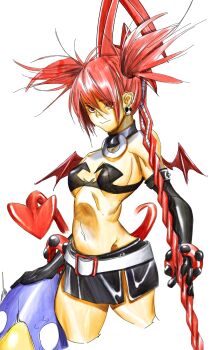 1girl absurdres belt bird black_choker black_gloves black_skirt blank_eyes bracelet breasts choker closed_mouth commentary_request cropped_legs demon_girl demon_tail demon_wings disgaea earrings elbow_gloves etna_(disgaea) gloves hair_between_eyes hand_on_another&#039;s_head highres holding holding_polearm holding_weapon jewelry mini_wings miniskirt navel penguin polearm prinny red_eyes red_hair short_hair short_twintails simple_background skirt skull_earrings small_breasts spear stomach storyteller777 tail twintails weapon white_background white_belt wings