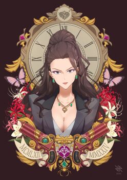 1girl 2025 analog_clock artist_logo bayonetta bayonetta_(series) bayonetta_1 black_jacket breasts brown_hair bug butterfly cleavage clock diamond_(shape) earrings executive_mishiro grey_eyes grey_shirt highres hiroki_ree idolmaster idolmaster_cinderella_girls insect jacket jewelry lips logo long_hair looking_at_viewer luz_(utaite) medium_breasts necklace shirt solo