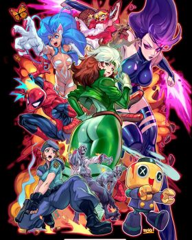 Rule 34 | animification, ass, b.b. hood, blood, bodysuit, breasts, colored bangs, darkstalkers, dog, dougeki, felicia (darkstalkers), green bodysuit, green headband, headband, highres, jacket, jill valentine, leather, leather jacket, leotard, marvel, mega man (series), multicolored bodysuit, multicolored hair, psylocke, resident evil, resident evil 1, rogue (x-men), servbot (mega man), smile, spider-man, spider-man (series), superhero costume, two-tone bodysuit, two-tone hair, x-men