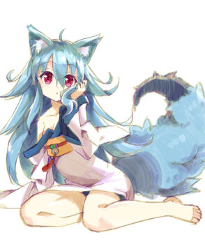 1girl animal_ears barefoot blue_hair character_request chromatic_aberration female_focus hair_between_eyes highres japanese_clothes kimono long_hair long_sleeves long_tail off_shoulder original red_eyes sitting sketch sleeves_past_wrists solo tail wolf_ears xuan_chu yukata