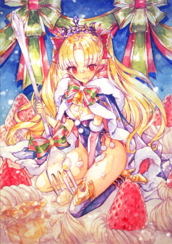 1girl blonde_hair breasts chikinan_tarou christmas cloak ereshkigal_(fate) fate/grand_order fate_(series) food fork fruit fur-trimmed_cloak fur_trim highres holding holding_fork leotard long_hair looking_at_viewer mini_person minigirl painting_(medium) red_eyes sitting small_breasts solo strawberry tiara traditional_media watercolor_(medium) whipped_cream