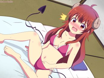 Rule 34 | 1girl, ass, breasts, cherrinako, feet, female focus, horns, long hair, machikado mazoku, masturbation, medium breasts, navel, on floor, open mouth, orange eyes, panties, pink panties, red hair, solo, tail, tongue, underwear, underwear only, wet, yoshida yuuko