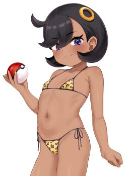 1girl animal_print atg_(wttoo0202) belly bikini black_hair commentary_request dark-skinned_female dark_skin emma_(pokemon) flat_chest hair_ornament highres holding holding_poke_ball leopard_print loli micro_bikini navel nintendo paid_reward_available poke_ball poke_ball_(basic) pokemon pokemon_legends:_z-a purple_eyes short_hair side-tie_bikini_bottom simple_background smile solo swimsuit white_background