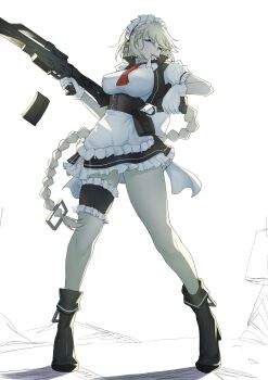 Rule 34 | absurdres, apron, assault rifle, bare legs, black corset, black jacket, black skirt, blonde hair, blue eyes, blush, boots, braid, braided ponytail, breasts, corset, cropped jacket, frilled skirt, frilled thigh strap, frills, from below, g36 (girls&#039; frontline), girls&#039; frontline, gloves, gun, hand up, high heel boots, high heels, highres, holding, holding gun, holding magazine (weapon), holding weapon, jacket, legs, long hair, looking at viewer, looking down, magazine (weapon), maid headdress, medium breasts, miniskirt, mouth hold, necktie, open clothes, open jacket, red necktie, rifle, short necktie, skirt, thigh strap, thighs, tofu (killer150), very long hair, waist apron, weapon, white apron, white gloves
