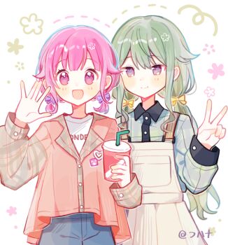 Rule 34 | 2girls, :d, \||/, blue pants, blush, bow, buttons, cardigan, center-flap bangs, chinese commentary, closed mouth, cohana, collared shirt, commentary request, contrast collar, cowboy shot, denim, double-parted bangs, dress, flat chest, flower, green hair, grey shirt, grey sleeves, hair between eyes, hair bow, hair flaps, hand up, hands up, heart, jeans, kusanagi nene, long hair, long sleeves, looking at viewer, low twintails, multiple girls, no pupils, ootori emu, open mouth, pants, pink cardigan, pink eyes, pink flower, pink hair, plaid clothes, plaid shirt, plaid sleeves, pocket, project sekai, puffy long sleeves, puffy sleeves, purple bow, purple eyes, raglan sleeves, shirt, short hair, short twintails, sidelocks, simple background, sleeveless, sleeveless dress, smile, standing, straight-on, t-shirt, tareme, tsurime, twintails, very long hair, waving, white background, white dress, white shirt, yellow bow