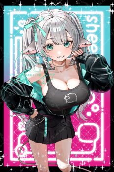 Rule 34 | 1girl, ahoge, animal ears, aqua eyes, aqua ribbon, black jacket, black skirt, black tank top, breasts, cleavage, collarbone, commentary request, commission, grey hair, hair ribbon, heart, heart ahoge, highres, indie virtual youtuber, jacket, jiu (vtuber), large breasts, long hair, long sleeves, looking at viewer, miiliin, off shoulder, ribbon, skeb commission, skirt, smile, solo, tank top, teeth, twintails, virtual youtuber, watermark