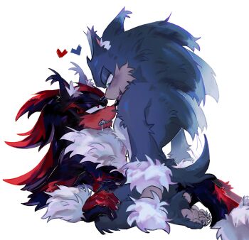 2boys bara barefoot black_fur blue_fur blush boy_on_top claws furry furry_male heart highres looking_at_another multicolored_fur multiple_boys pawpads red_fur saliva shadow_the_hedgehog smile sonic_(series) sonic_the_hedgehog sonic_the_werehog sun_shangxiang0 werehog white_background yaoi