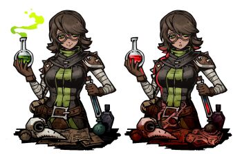 1girl bandaged_arm bandages blush breasts brown_gloves brown_hair chinese_commentary darkest_dungeon gloves green_eyes h_ikenuma highres looking_at_viewer medium_breasts medium_hair papers parted_lips pauldrons plague_doctor_(darkest_dungeon) plague_doctor_mask potion round_eyewear shoulder_spikes simple_background smile spiked_pauldrons spikes variations vial white_background