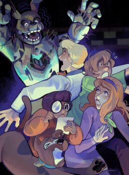 &gt;_&lt; 2girls 3boys animal animal_collar animatronic ascot back-to-back bag black_eyes blonde_hair blue_collar blunt_bangs brown_hair checkered_wall collar commentary crossover daphne_blake dark dark-skinned_female dark_skin determined dog dress english_commentary eyeshadow five_nights_at_freddy&#039;s flying_sweatdrops fred_jones gloom_(expression) great_dane green_ascot green_shirt hair_between_eyes hairband highres holding holding_bag horror_(theme) indoors long_hair long_sleeves looking_at_another makeup multiple_boys multiple_girls orange_ascot orange_hair orange_sweater outstretched_arms pantyhose peachmarch3 puffy_long_sleeves puffy_sleeves purple_dress purple_eyes purple_eyeshadow purple_hairband purple_pantyhose rabbit_boy restaurant scared scooby-doo scooby-doo_(character) shaggy_rogers shirt short_dress short_hair solid_oval_eyes spring_bonnie_(fnaf) sweatdrop sweater t-shirt twitter_username velma_dinkley white_shirt wide-eyed wire