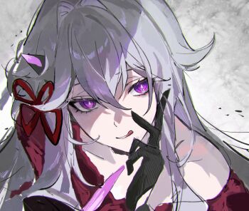 Rule 34 | 1girl, black gloves, bright pupils, gloves, hair between eyes, hair ornament, hand on own face, highres, honkai (series), honkai impact 3rd, horns, long hair, off shoulder, purple eyes, red ribbon, ribbon, sidelocks, simple background, single horn, smile, thelema nutriscu, thelema nutriscu (mad pleasure: shadowbringer), tongue, tongue out, white hair, white pupils, yayu yyo430