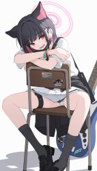 Rule 34 | 1girl, animal ears, black footwear, black hair, black jacket, black mask, black socks, blue archive, cat ears, chair, clothes around waist, colored inner hair, electric guitar, extra ears, guitar, hair ornament, hairclip, halo, highres, instrument, jacket, jacket around waist, kazusa (band) (blue archive), kazusa (blue archive), looking at viewer, mask, mask pull, mouth mask, multicolored hair, official alternate costume, open mouth, panties, pink hair, pink halo, pleated skirt, red eyes, school chair, shijima (shijima tc), shirt, shoes, short hair, short sleeves, simple background, sitting, skirt, smile, socks, solo, underwear, white background, white panties, white shirt, white skirt