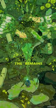 2others absurdres artist_name bench broken_mask character_request check_character commentary corpse english_commentary english_text film_grain from_above grass green_theme halftone halftone_background highres hightguy hollow_knight husk_miner_(hollow_knight) knight_(hollow_knight) leaf lily_pad mask maskfly_(hollow_knight) moss multiple_others partially_submerged pillar radiance_(hollow_knight) ruins simple_background water wetland white_mask