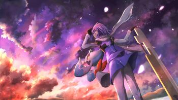 Rule 34 | 1girl, advent cirno, black gloves, blue dress, blue eyes, cloud, cloudy sky, crossover, dress, floating, from below, froslass, gen 4 pokemon, gloves, hair between eyes, letty whiterock, long sleeves, looking up, medium hair, nintendo, pants, pants under dress, petals, pokemon, pokemon (creature), pori, purple hair, scarf, sky, sword, touhou, trait connection, weapon, white headwear, white legwear, white scarf