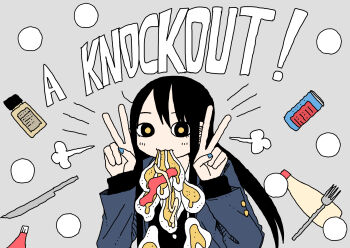 abe_tomomi black_eyes black_hair bubble_tea circle cloud double_v grey_background highres long_hair long_sleeves original selfie solo upper_body v yellow_eyes