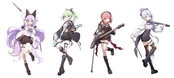 4girls :d :o absurdres ahoge aokumo_rin arm_up armpits band_(music) beret bike_shorts bike_shorts_under_skirt black_boots black_bow black_choker black_hat black_jacket black_leg_warmers black_shoes black_skirt black_socks black_sweater black_thighhighs blue_eyes boots bow bow_(music) character_name choker closed_mouth clothes_writing clothing_cutout commentary_request crop_top cropped_shirt detached_sleeves dot_nose drumsticks fang fishnets green_eyes green_hair grey_hair guitar gyeou_lee hair_bow hair_bun hair_ornament hairclip hanako_nana hands_up hat heterochromia high-waist_skirt highres holding holding_bow_(music) holding_drumsticks holding_instrument holding_microphone holding_violin instrument jacket kneehighs korean_commentary lace-up_boots leg_up leg_warmers long_hair long_sleeves looking_at_viewer low_twintails medium_hair microphone microphone_stand microskirt miniskirt multicolored_eyes multicolored_hair multiple_girls music o-ring o-ring_thigh_strap off-shoulder_sweater off_shoulder open_clothes open_jacket open_mouth orange_eyes parallel_hairclips parted_lips pencil_skirt pink_hair plaid_clothes plaid_skirt playing_guitar playing_instrument pleated_skirt ponytail print_shirt print_sweater purple_hair red_skirt shirt shoes short_hair short_sleeves shoulder_cutout simple_background single_bare_shoulder single_hair_bun single_off_shoulder skin_fang skirt smile socks split_mouth standing standing_on_one_leg stellive streaked_hair sweater tenko_shibuki thigh_strap thighhighs torn_clothes torn_thighhighs twintails two-tone_eyes very_long_hair violin virtual_youtuber white_background white_shirt white_sweater yuzuha_riko