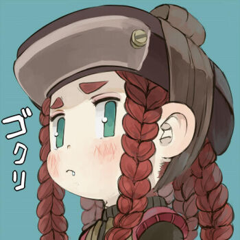 1girl blue_background braid brown_hair brown_hat closed_mouth commentary_request copy_x_(mega_man) ebimomo fang fang_out female_focus green_eyes hat lowres multiple_braids portrait quad_tails simple_background solo